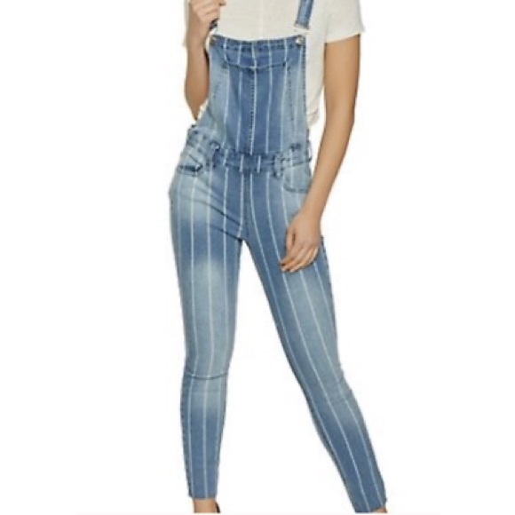 Almost Famous Light Blue and White Striped Skinny Overalls SZ M - Picture 1 of 15